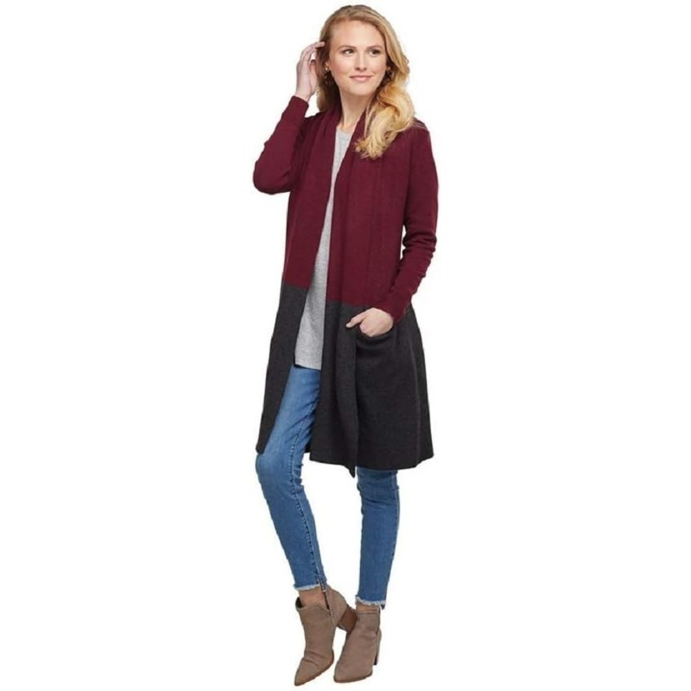 Mud Pie Women's Black Burgundy Color block Long Sleeve Open Front Cardigan M/L